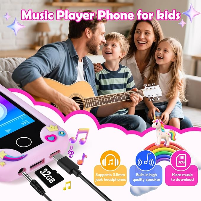 Kids Phone for Girl Toys, Christmas Birthday Gift for Girls Age 3-10, Toddler Learning Toys Phones, 2.8" Touchscreen Kids Smart Phone with Dual Camera, Game, MP3 Player, 32GB Card & Unicorn Bag Pink