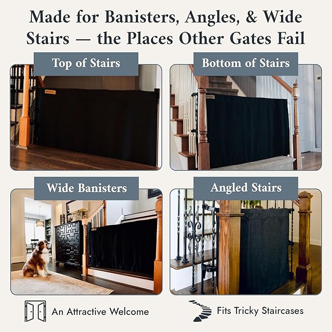 The Stair Barrier First Fabric Banister to Banister Baby Gates for Stairs 36”–42” Wide x 32” Tall– No Drill Baby Gate for Top or Bottom Staircase, Machine-Washable Climb Proof, Designed in USA, Black