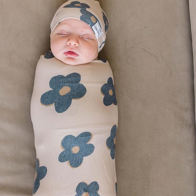 Copper Pearl Baby Beanie Hat Top Knot Stretchy Soft Gemma in Tan