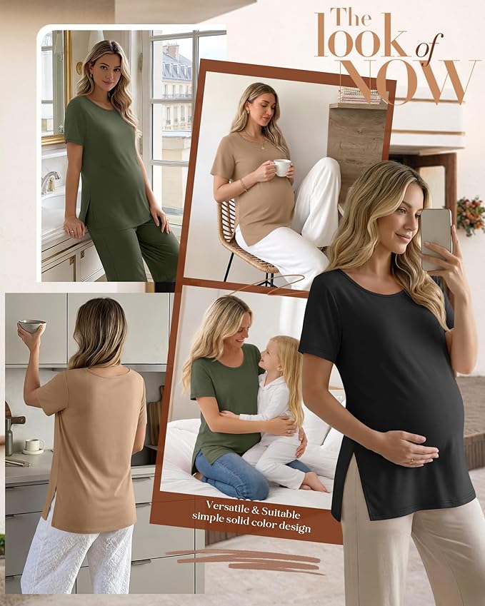 3 Pack Women's Maternity Shirts Short Sleeve Round Neck Side Split Pregnancy Tops Loose Summer Casual Mama Clothes
