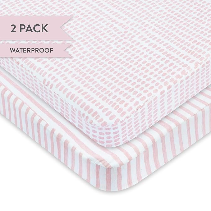 Ely’s & Co. Waterproof Pack and Play/Mini Crib Sheets – All-in-One Mattress Protector and Fitted Playard Sheets – Jersey Cotton – Mauve Pink Splash & Stripes, Baby Girl Nursery Bedding – 2-Pack