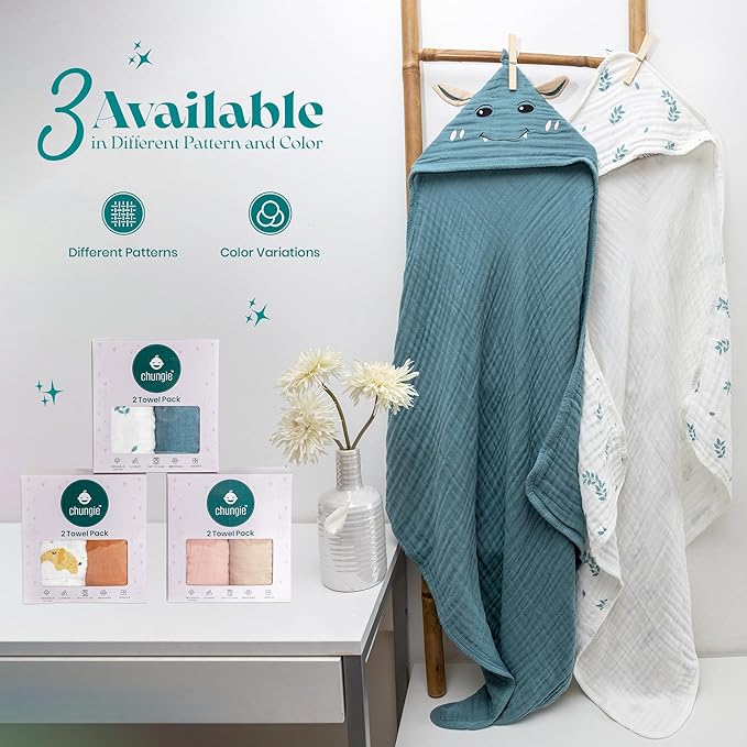 Chungie Soft Muslin Hooded Baby Towels 32x32 inches – 100% Cotton, 6-Layer Breathable Newborn Bath Towels with Hood, Pack of 2 (Printed + Embroidered)
