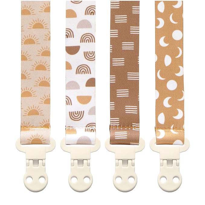 Stadela Baby Pacifier Clip Holder - Girl or Boy Unisex 4 Pack Gift Set – Boho Modern Neutral Suns Raibows Moons (Luna)
