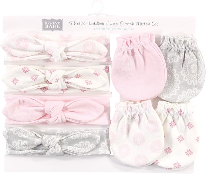 Hudson Baby baby-girls Cotton Headband and Scratch Mitten Set