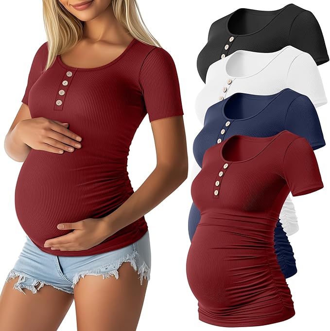 4 Pack Womens Maternity Shirts Scoop Neck Cotton Short Sleeve Ribbed Pregnancy Top Henley Side Ruched Mama Clothes
