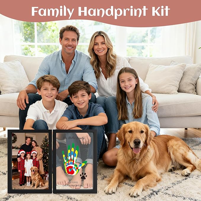 Family Handprint Kit, DIY Baby Hand and Footprint Handmade Keepsake Wooden Frame, Family Gifts with 6 Non-Toxic Baby-Safe Paint, Ideas Gift for New Parents, Grandparents, Father's Day, Mother's Day