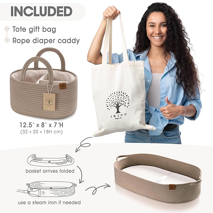 Baby Changing Basket Includes Diaper Caddy - Soft & Waterproof Dual-Cover, Portable, Changing Pad for Dresser & Changing Table, Gift for Baby Shower, Organic Cotton Rope
