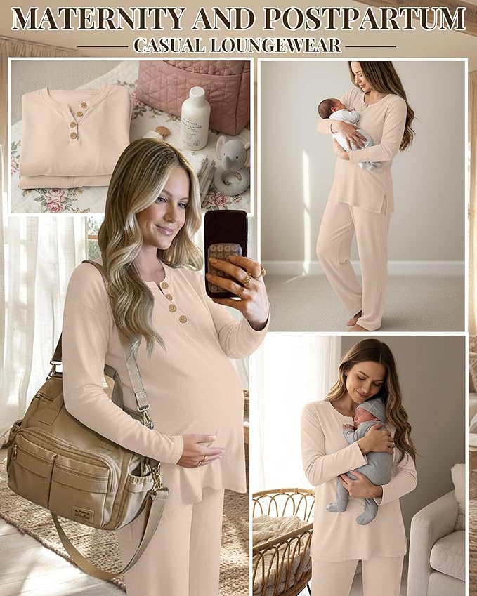 2 Piece Thermal Maternity Lounge Set Postpartum Pregnancy Fleece Loungewear Long Sleeve Top and Wide Leg Pant