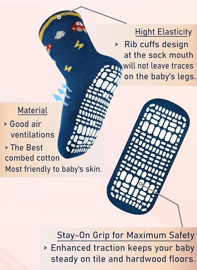 RATIVE Non Skid Anti Slip Crew Socks With Grips for Baby Infant Toddlers Kids Boys