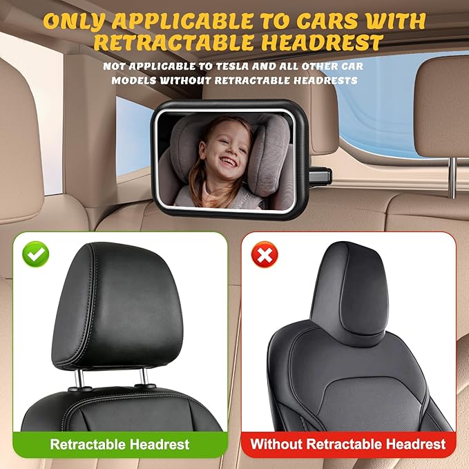 Baby Car Mirror with Light, 7 RGB Light Rear Facing Baby Car Seat Mirror with Remote Control Rechargeable 360° Rotation Hook Clip Design Wide View Shatterproof