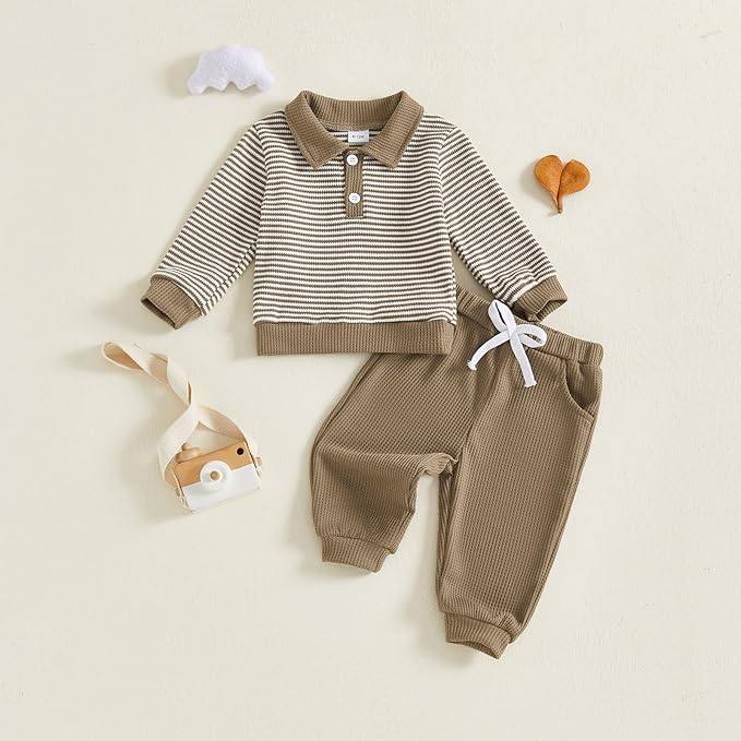 Baby Boy Toddler Fall Outfit Striped Sweatshirt Toddler Boy Winter Waffle Clothes 3 6 12 18 Months 2 3 T Pant Set