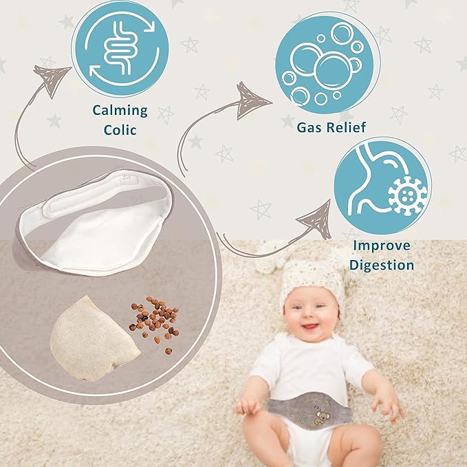 Baby Colic Gas and Upset Stomach Relief for Newborns-100% Cherry Seed-Heated Tummy Wrap-Colic Baby Swaddling Belt for Natural Relief–Soothing and Calming (Gray)