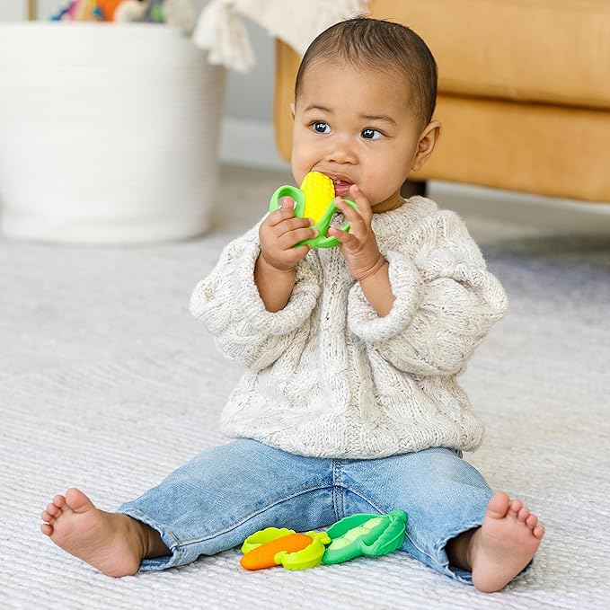 Infantino Lil’ Nibbles Textured Silicone Teethers, BPA-Free Baby Teething Toy, Soft, Easy to Hold, Sensory Stimulation for Infants, Carrot, Corn, Pea Pod, 3-Pack Set