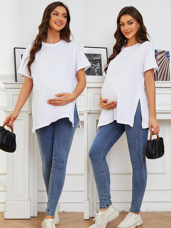 Ecavus Women's Casual Maternity Shirts Split Side Pregnancy Tops Blouses Short Sleeve Loose Fit Maternity Clothes