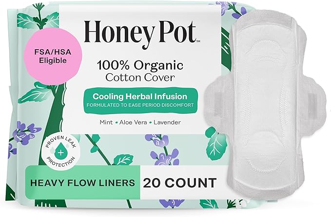 The Honey Pot Company - Herbal Panty Liners for Women - Heavy Flow w/Wings - Infused w/Essential Oils for Cooling Effect & Organic Cotton Cover - Feminine Care - 20 ct