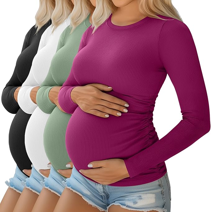 Ficerd 4 Pack Women's Maternity Shirts Cotton Long Sleeve Ribbed Crew Neck Pregnancy Tops Side Ruched Casual Mama Clothes
