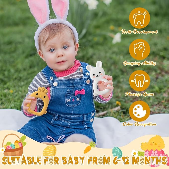 Easter Silicone Teethers for Babies - 2ooya 2Pcs Rabbit Chick Infant Teething Chew Toys, Toddler Sore Gums Pain Relief Toy for Newborn Boy and Girl Easter Spring Baby Shower Birthday Gifts