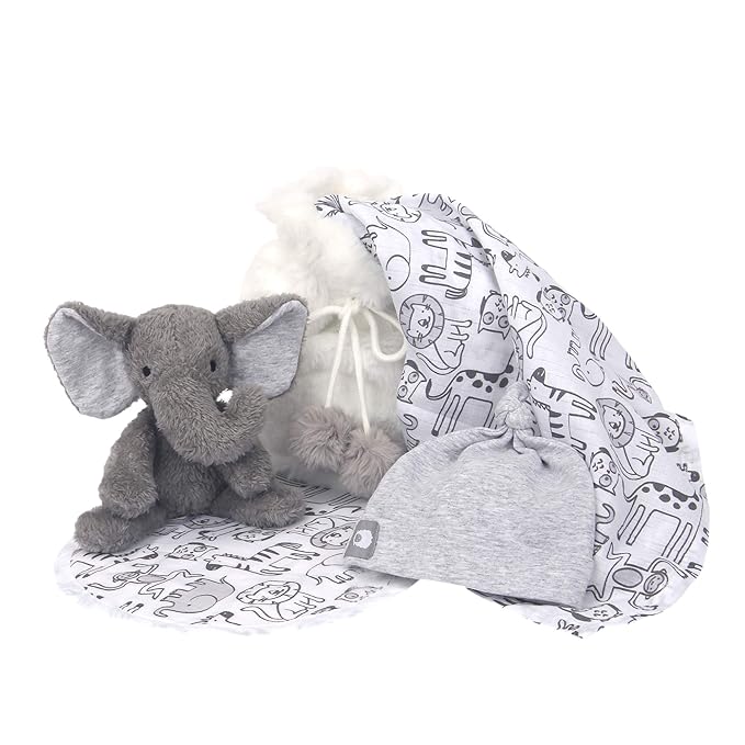 Lambs & Ivy 5 Piece Gray/White Plush Infant/Newborn Baby Gift Bag w/Swaddle