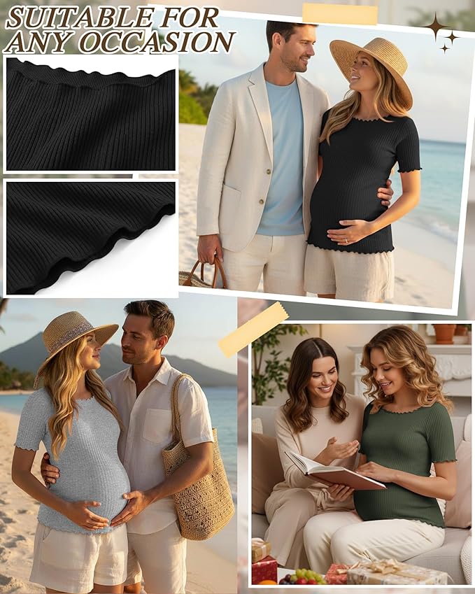3 Pack Women's Maternity Ribbed Shirts Cotton Short Sleeve Pregnancy Tops Boat Neck Lettuce Trim Mama Clothes