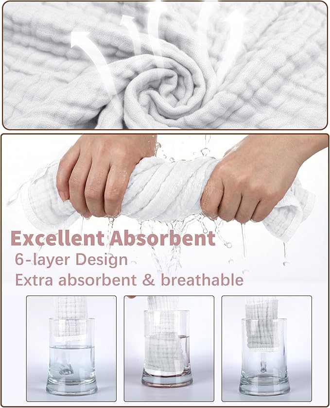 6Pcs Baby Muslin Hooded Bath Towels and Washcloths,32"x 32" Muslin Cotton Hooded Baby Towels for Newborn Shower