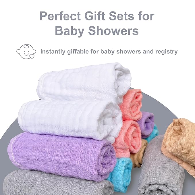 SWEET DOLPHIN 12 Pack Baby Muslin Washcloths - Soft Face Cloths for Newborn, Absorbent Bath Wash Cloths, Wipes, Burp Rag - Toddlers Essentials Stuff, Baby Registry as Shower -10"x10", Multicolor