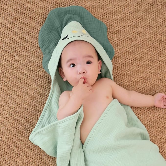 FIOBEE Hooded Baby Towels 100% Muslin Baby Bath Towels for Newborn with Animal Design Ultra-Soft and Absorbent Bath Essentials for Toddler, Unisex Girls Boys 30 x 30 inch, Green Dinosaur