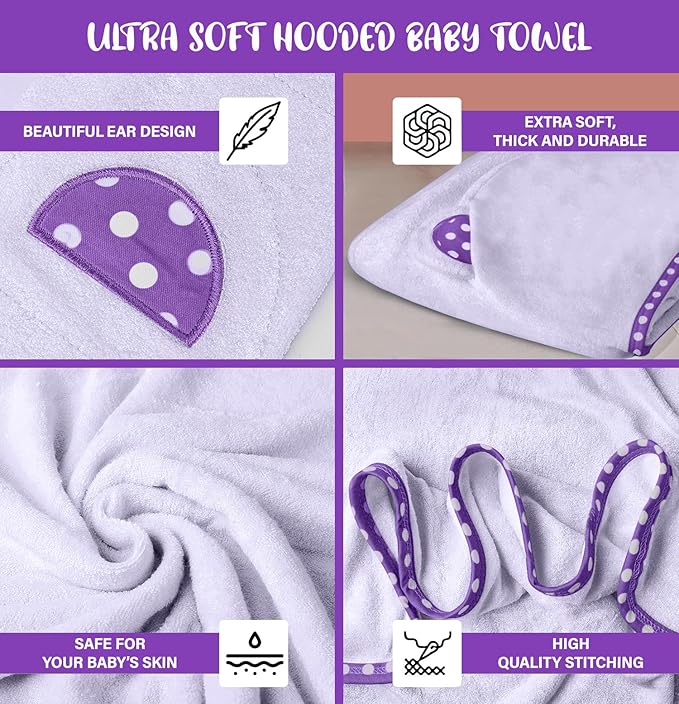 Set of 2 Hooded Baby Towels – Purple and Pink – Luxurious, Large and Super Absorbent – 35 x 35 Inch – Soft and Suitable for Infants, Toddlers and Kids – 400 GSM