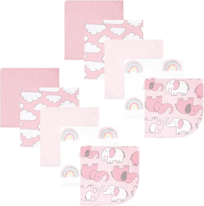 Hudson Baby Unisex Baby Flannel Cotton Washcloths 10-Pack, Girl New Elephant, One Size