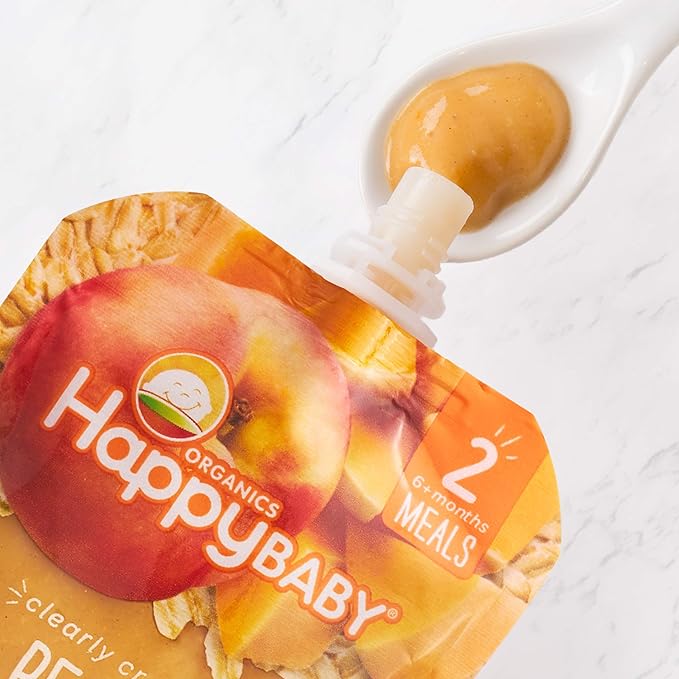 Happy Baby Organics Stage 2 Baby Food Pouches, Gluten Free, Vegan & Healthy Snack, Clearly Crafted Fruit & Veggie Puree, Pumpkin, Peaches & Granola, 4 Ounces (Pack of 16)