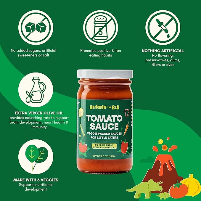 Beyond the Bib - Toddler and Kids Healthy Meal Sauces and Dips - Made with Vegetables, No Added Sugar, No Salt, No Artificial Ingredients - Ready to Eat - For 24+ Months (Tomato Sauce - 3 Pack)