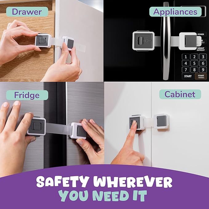 6 Pack Child Safety Cabinet Locks – Baby Proof Drawers, Cabinets, Toilets & Appliances – Adjustable Strap 4.5”–7.5”, Optional Double Lock, No-Drill 3M Adhesive, Easy for Adults