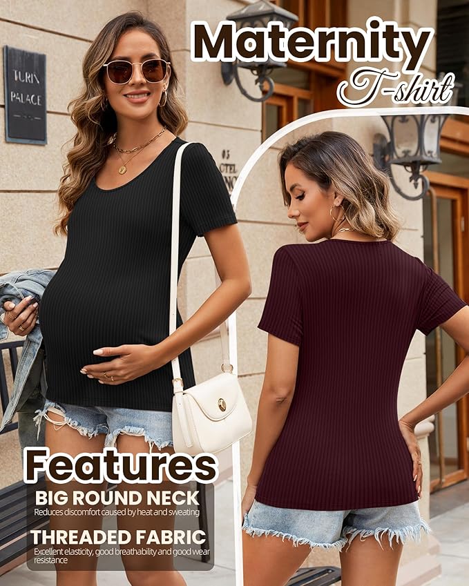 Neer 3 Pack Women's Ribbed Maternity Tops Pregnancy Round Neck Shirts Short Sleeve Soft Maternity Clothes for Mama