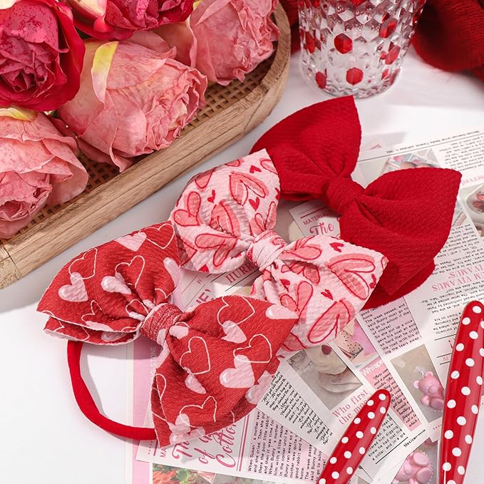 YanJie Nylon Valentines Bows for Baby Girls Red Heart Bow Headband Newborn Toddler Infant Hot Pink Hair Bow Valentines Day Headband Hair Accessories