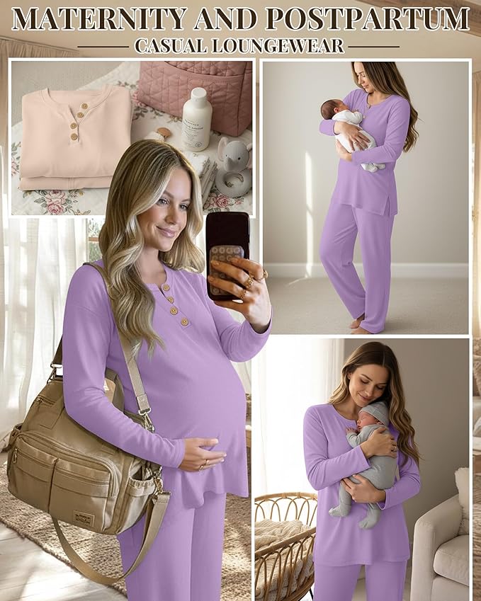 2 Piece Thermal Maternity Lounge Set Postpartum Pregnancy Fleece Loungewear Long Sleeve Top and Wide Leg Pant