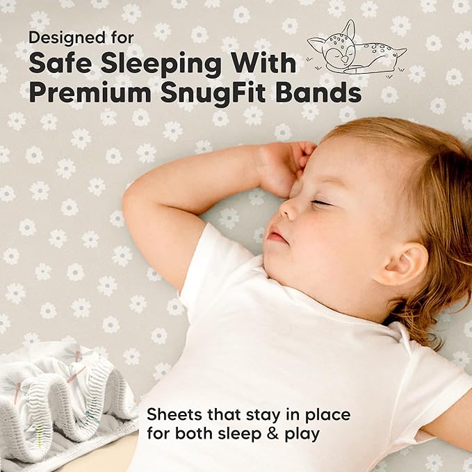 Pack and Play Sheets Fitted - 2-Pack Mini Crib Sheets for Pack N Play Mattress 38x26, Soft & Cozy, Neutral Toddler Playard Bedding, Snug Fitted Mini Baby Crib Mattress Cover Boy, Girl (Meadow)