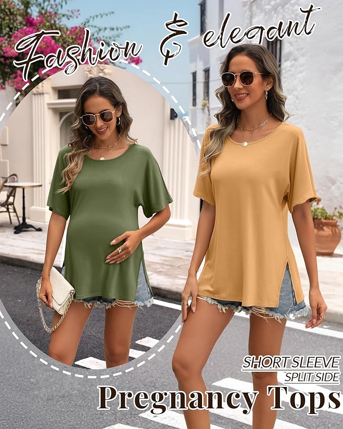 Riyiper 3 Pack Women's Maternity Tunic Shirts Cotton Summer Pregnancy Clothes Loose Oversized Split Side Blouse Tops