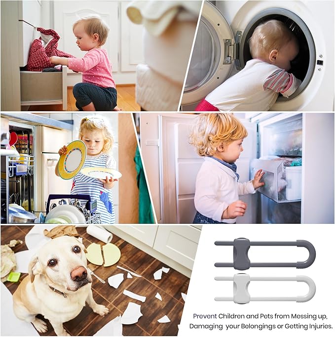 Jetec 10 Pieces Cabinet Locks for Babies, U-Shaped Proofing Drawers Safety Child Locks Adjustable, Easy to Use Childproof Latch for Knob Handle on Kitchen Door Storage Cupboard Closet (Gray, White)