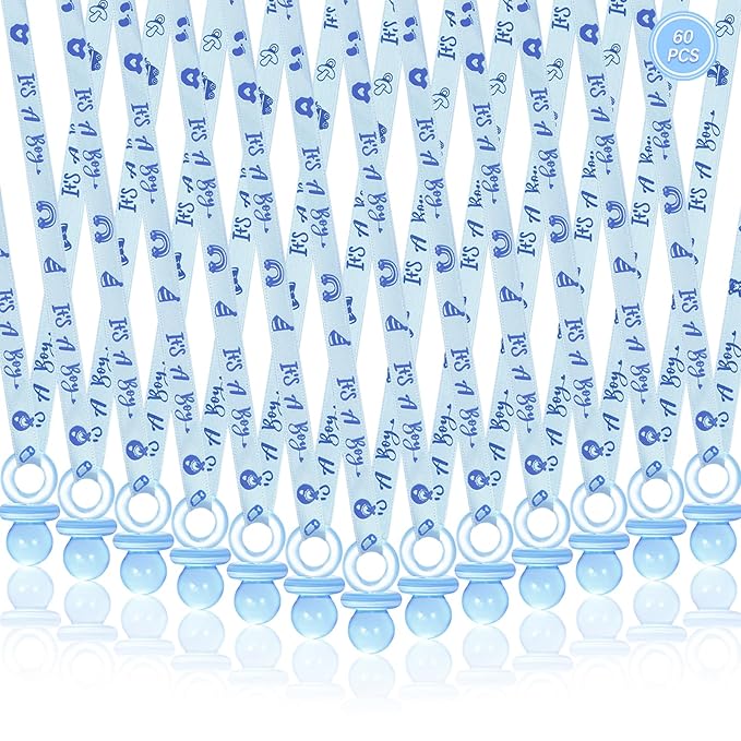60 Pcs Baby Shower Pacifiers Necklace, Cute Acrylic Pacifier Necklaces for Chupones para Baby Shower Games Charm, Party Favors, Decorations DIY, Gender Reveal Table Scatter(Blue)