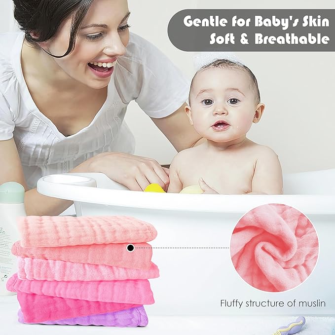 12 Pack Muslin Washcloths for Baby - 100% Cotton Baby Wash Cloths for or Baby Face Body Comfy and Soft for Newborn Infants Kids Girls and Boys - 12"x12" - Pink, Purple and Sakura Series
