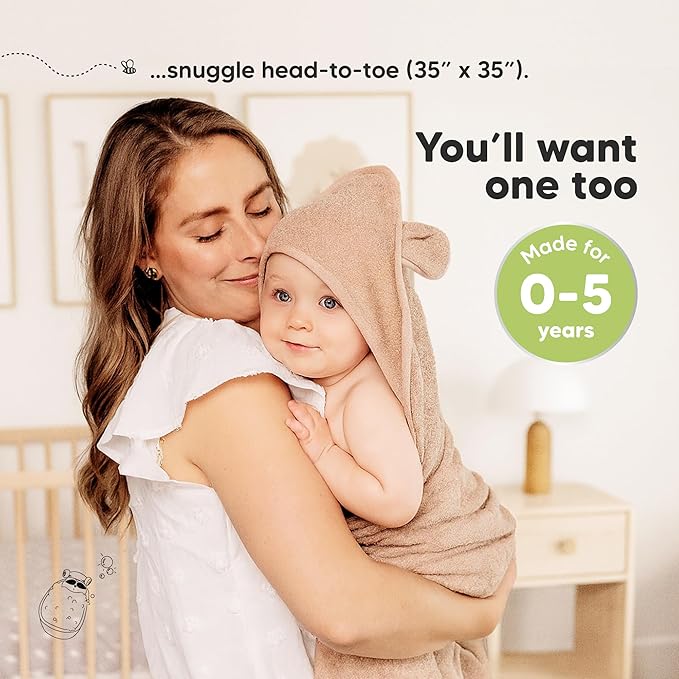 KeaBabies 2-Pack Hooded Baby Towels for Newborn - 35x35 Soft & Absorbent Viscose From Bamboo Baby Bath Towels with Hood for Infant, Toddler, Kids, Boys Girls, Newborn Bath Essentials (Almond, Regular)