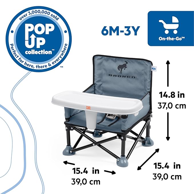 Bright Starts Ford Bronco Pop 'N Sit Portable Booster Chair, Floor Seat, Indoor/Outdoor Use, Compact Fold, Area 51 Color, 6 Mos - 3 Yrs