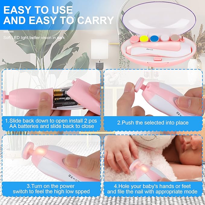 Baby Nail Trimmer Electric,Tinabless 6 in 1 Baby Nail File,Nail File Baby Grooming Kit Manicure Set for Toddler or Adults(Pink)
