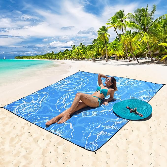Beach Blanket Waterproof Sandproof Beach Mat 79" X 83"/10'x9'for 2-8 Adults Quick Drying Outdoor Picnic Mat Beach Accessories for Travel, Camping, Hiking