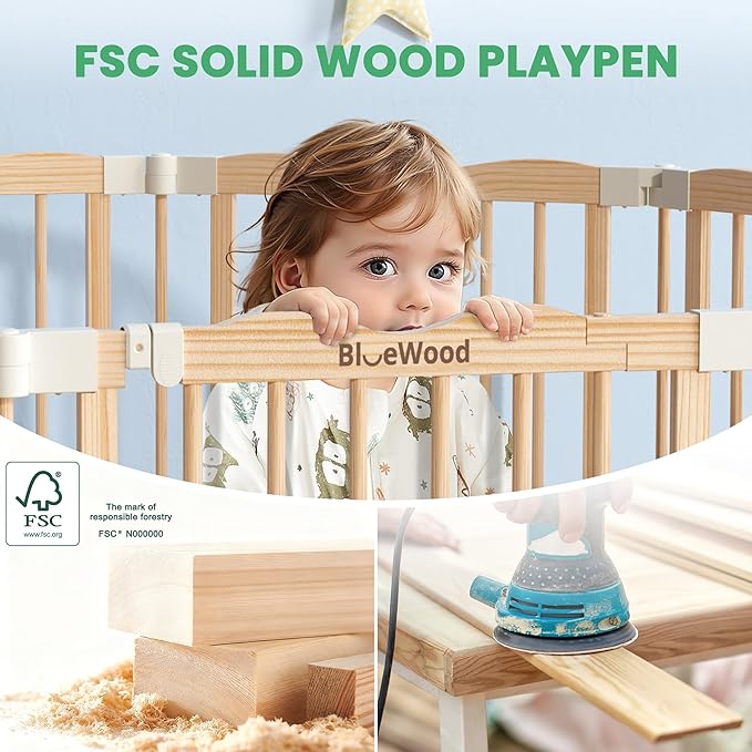 Foldable Wooden Playpen - Adjustable Wood Baby Play Yard with Door, Indoor Large Safety Fence for Babies and Toddlers - Easy Assembly, 83 x 55 x 24 inches, Nature Nest