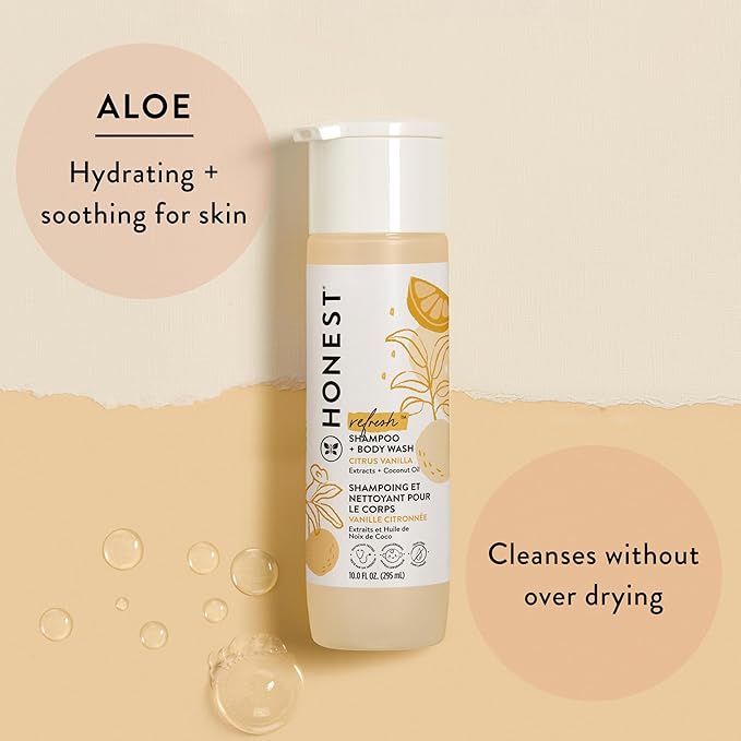 The Honest Company 2-in-1 Cleansing Shampoo and Body Wash Face Lotion Bundle, Gentle for Baby Naturally Derived Citrus Vanilla Refresh 18.5 fl oz