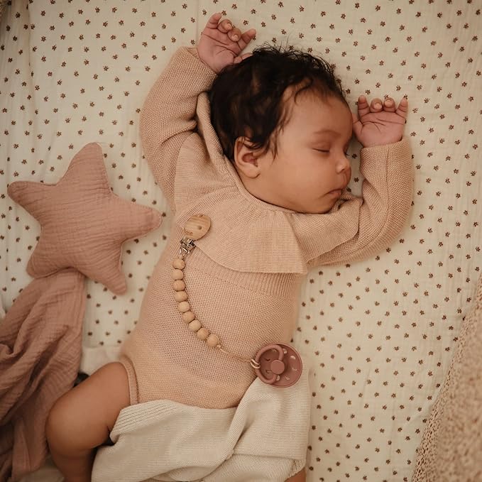 FRIGG Moon Natural Rubber Baby Pacifier | Made in Denmark | BPA-Free (Blush/Powder Blush, 0-6 Months) 2-Pack