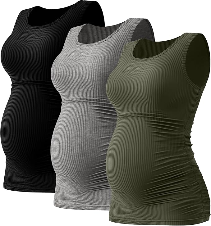 Riyiper 3 Pack Women's Maternity Tank Tops, Sleeveless Cotton Pregnancy Shirts Ribbed Knit Sides Ruched Basic Mama Clothes