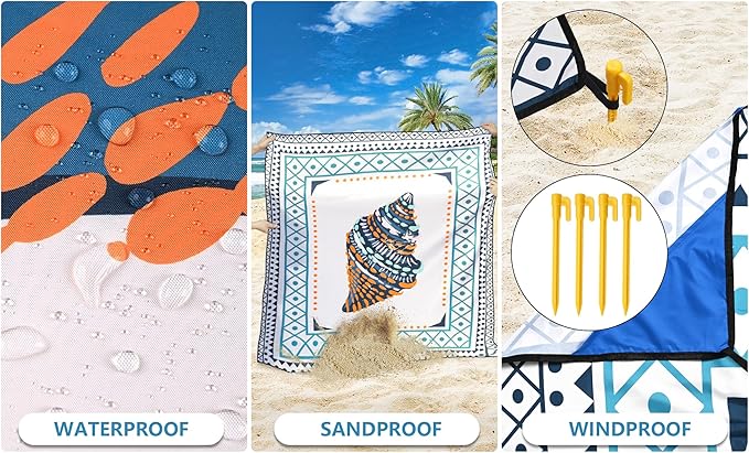 Beach Blanket Waterproof Sandproof Beach Mat 79" X 83"/10'x9'for 2-8 Adults Quick Drying Outdoor Picnic Mat Beach Accessories for Travel, Camping, Hiking