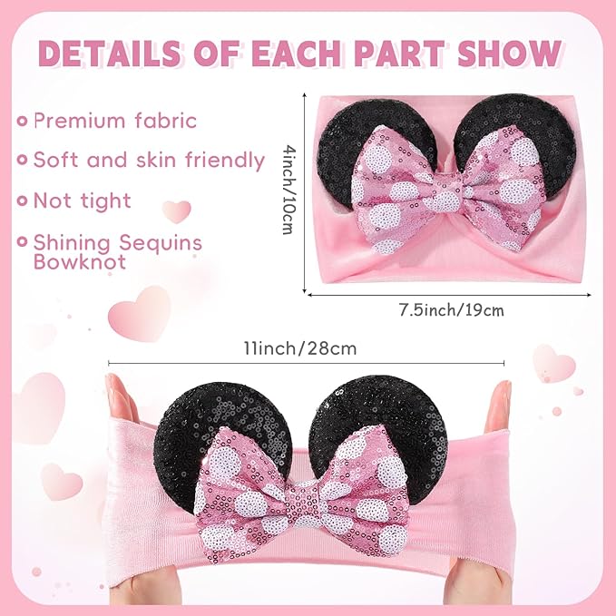choicbaby 3 PCS 5 Inches Mouse Ears Sequin Bow Nylon Hairband with Polka Dot Cute Baby Headbands Soft Hairbands Hair Accessories for Newborn Infant Toddler Party Supplies