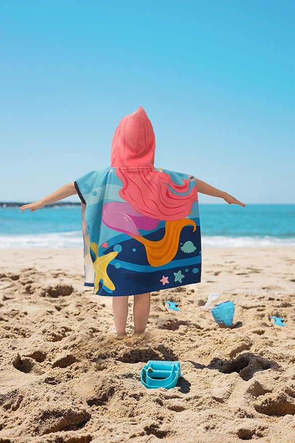 Hooded Kids Beach Towels - Toddler Bath Towel Girls Boys Swim Cover-ups for Ages 1 to 6 Kids Pool Towels Quick Dry Lightweight Soft Microfiber Poncho Towel 24x24 (Mermaid Starfish)